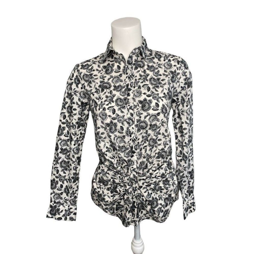 THAKOON Design Nation Black White Floral Button Down Ruched Top‎ Sz Small